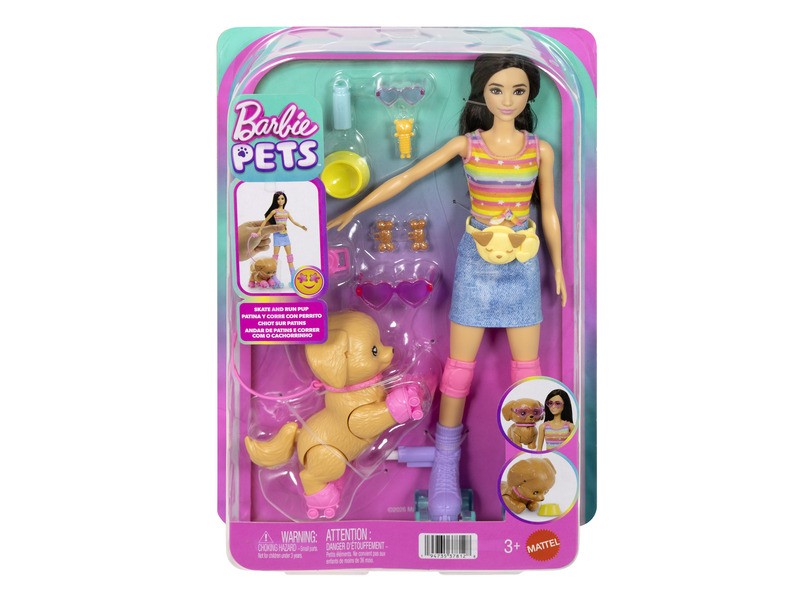 Barbie barna baba kutyasétáltó görkoris szett