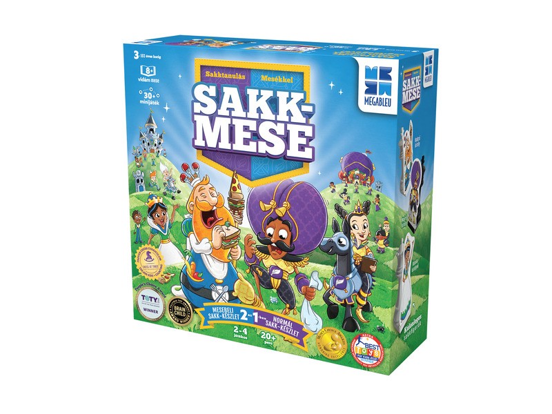 Sakkmese társasjáték doboza és játékelemei