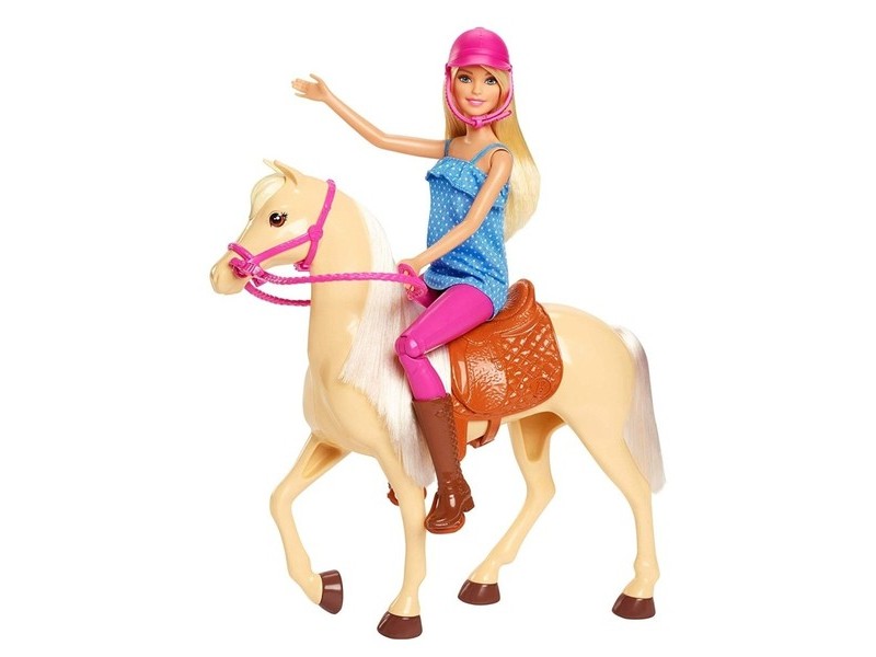 Barbie lovas szett: Barbie lovaglóruhában, felszerszámozott ló