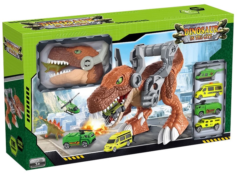 Dínó garázs játékszett 3 autóval és helikopterrel