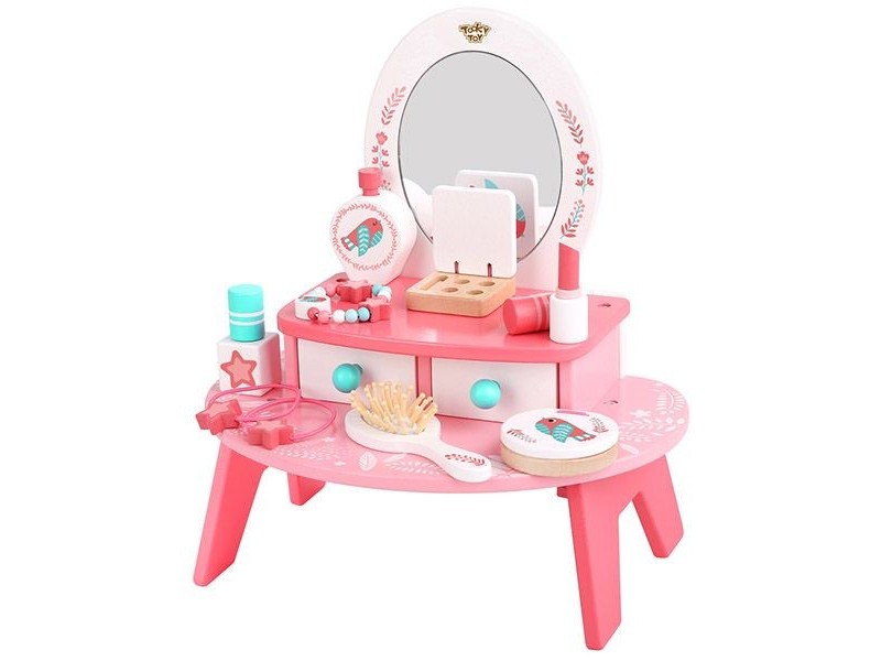 Tooky Toy rózsaszín fésülködőasztal fa kiegészítőkkel