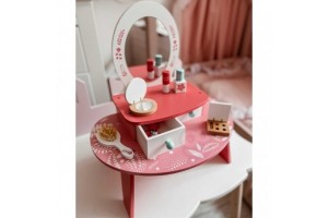Tooky Toy rózsaszín fésülködőasztal fa kiegészítőkkel