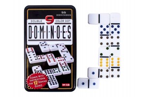 Dominó fém dobozban – 55 darabos színes pöttyös lapok