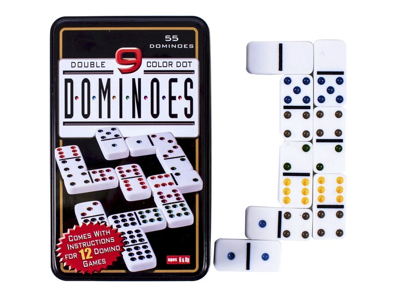Dominó fém dobozban – 55 darabos színes pöttyös lapok