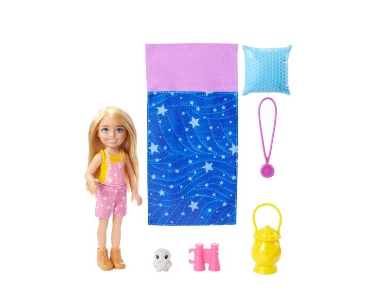 Barbie Chelsea kempingező baba kék hálózsákban