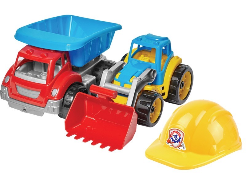 Műanyag dömper és traktor sisakkal - gyerek játék