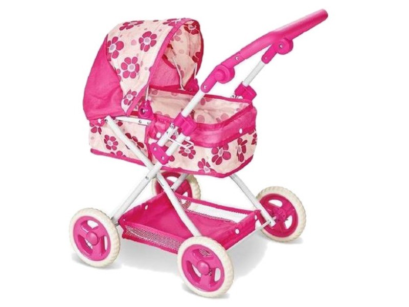 Rózsaszín összecsukható babakocsi mózeskosárral