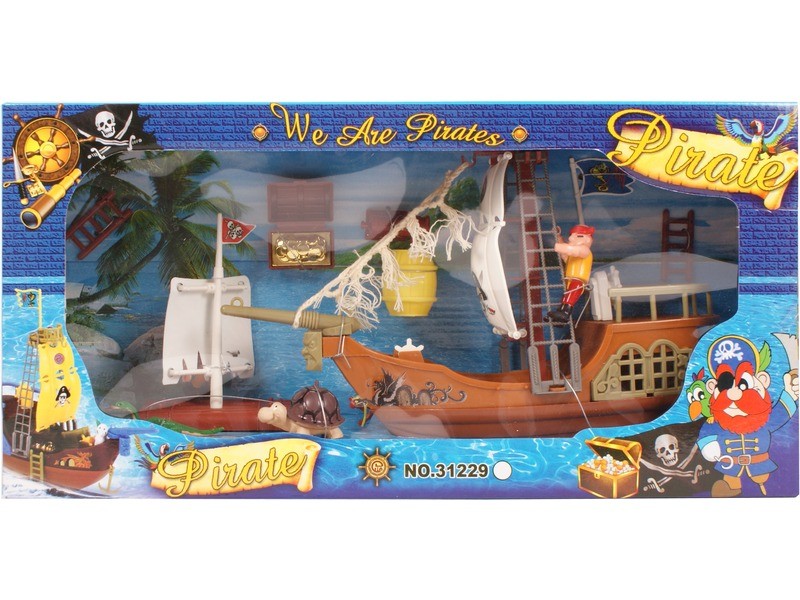 Műanyag kalózhajó figurákkal, 27 cm