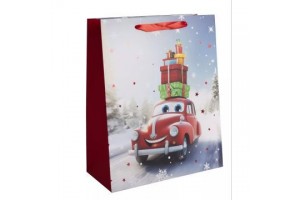 Piros ajándéktasak autó mintával 26x32 cm