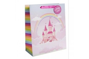 Rózsaszín mesebeli kastély mintás ajándéktasak 18×23 cm