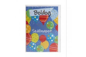 Kék képeslap színes lufikkal és Boldog Szülinapot felirattal
