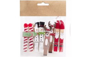 Fa csipesz dekoráció 7,5 cm, 8 db - karácsonyi minták