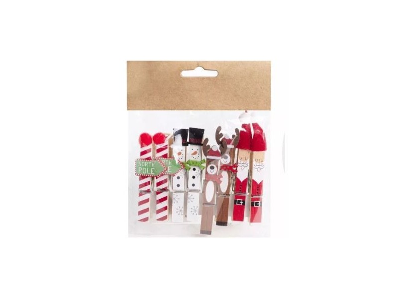 Fa csipesz dekoráció 7,5 cm, 8 db - karácsonyi minták