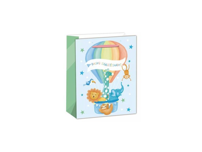 Állatos hőlégballonos kék ajándéktasak 18x23 cm
