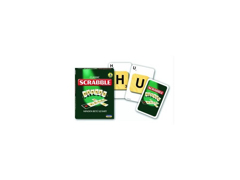 Scrabble kártyajáték doboz és játékelemek