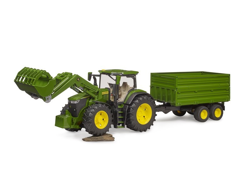 John Deere 7R 350 traktor homlokrakodóval és pótkocsival