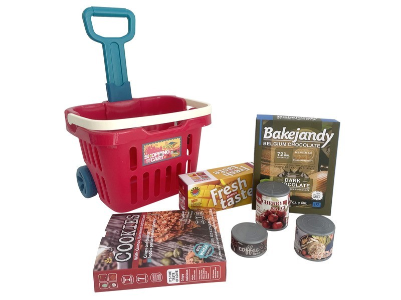 Húzható bevásárlókocsi játék élelmiszerekkel