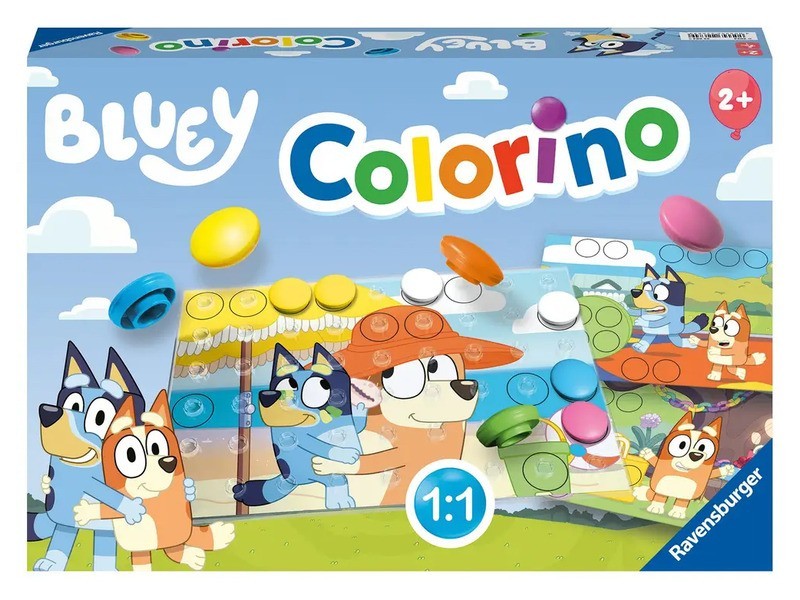 Bluey Colorino társasjáték - doboz és játékelemek