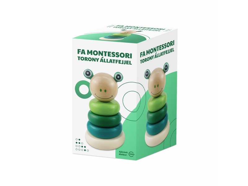 Fa Montessori torony állatfejjel – természetes fa játék
