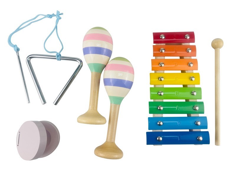 Fa hangszer szett — xilofon, dob, csörgő