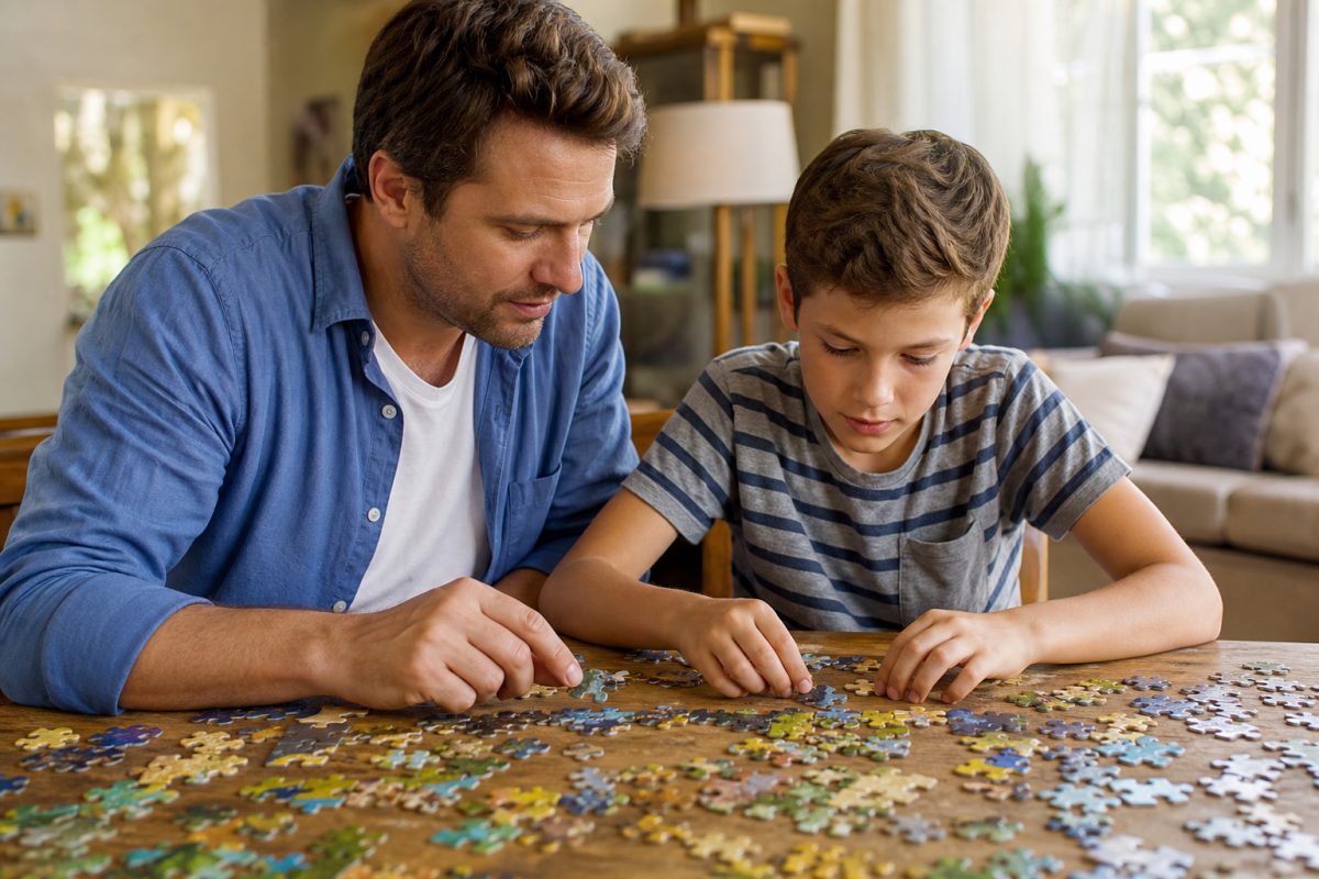 Szülő és gyerek 3d puzzle elemeket válogat egy asztalon