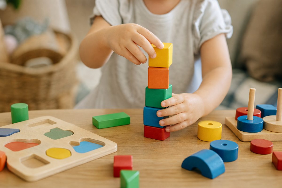 Kisgyerek színes fa kockákat rakosgat és formákat válogat