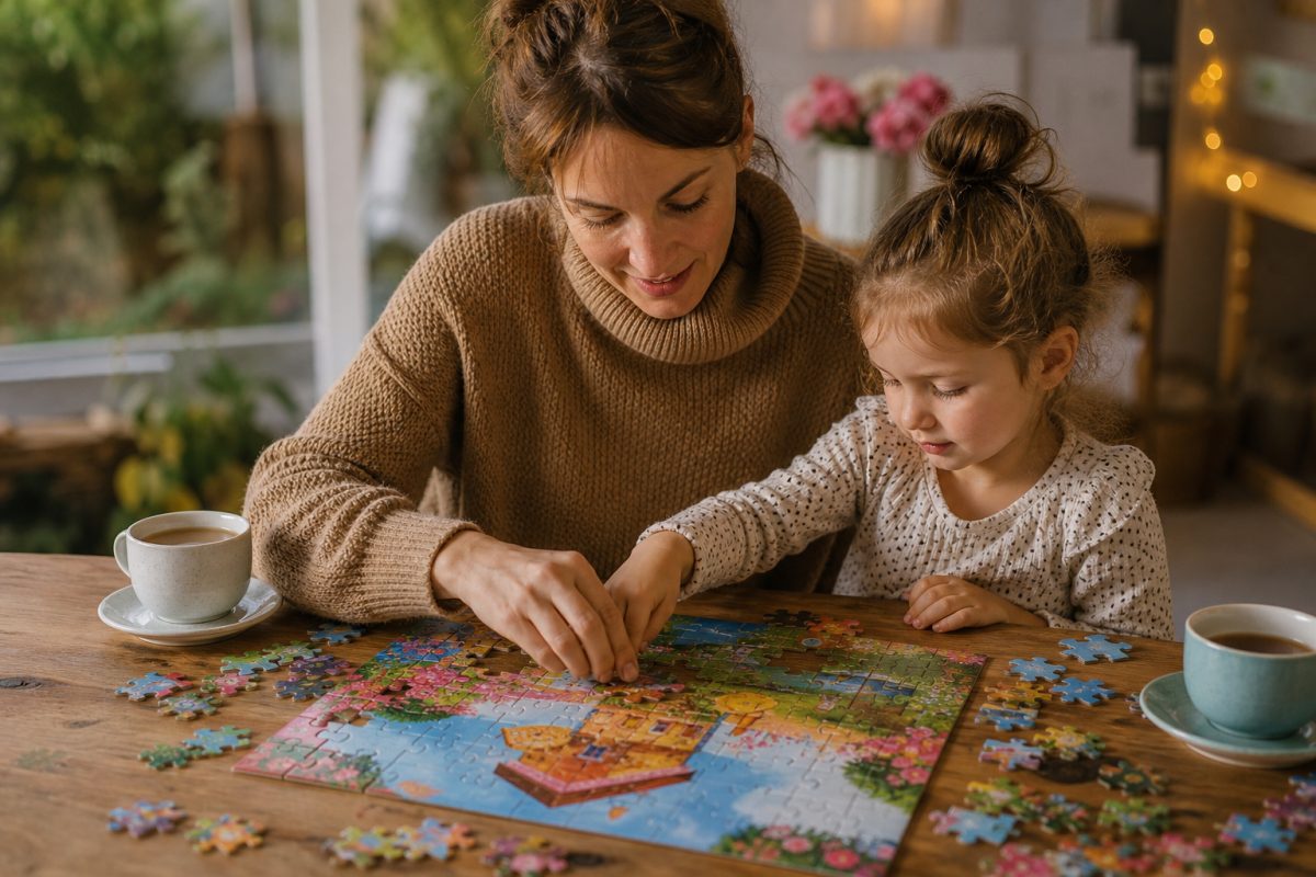 Felnőtt és gyerek közösen kirakózik ajándék keresztgyereknek témában