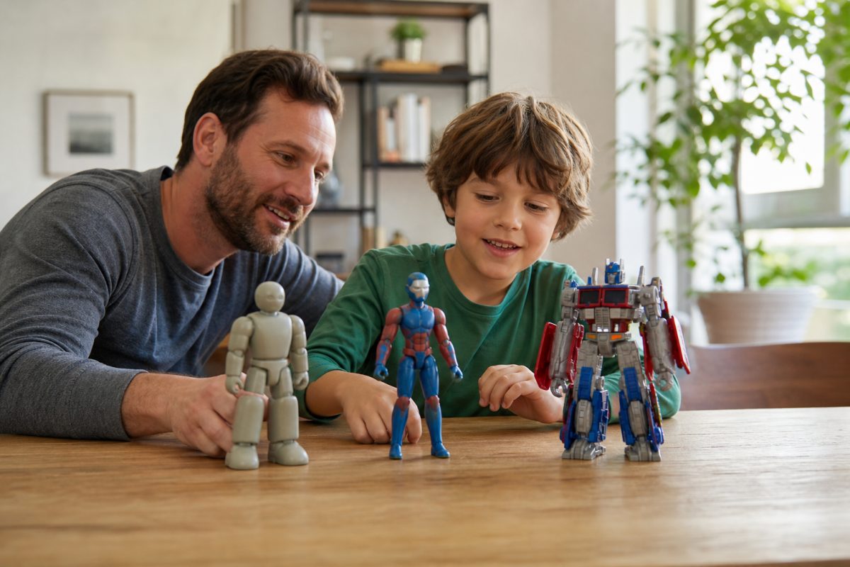 Szülő és gyerek akciófigura és robot játékokat hasonlít össze