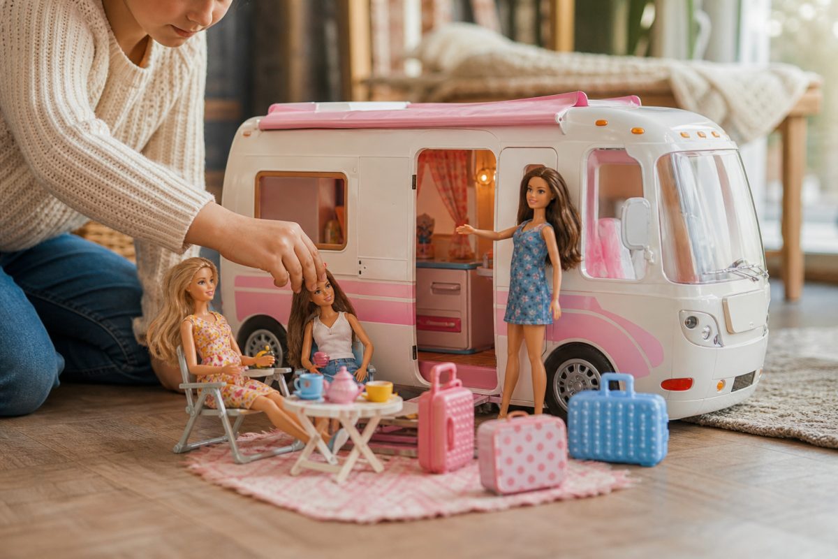 Gyerek Barbie lakóautó köré rendez babákat és csomagokat