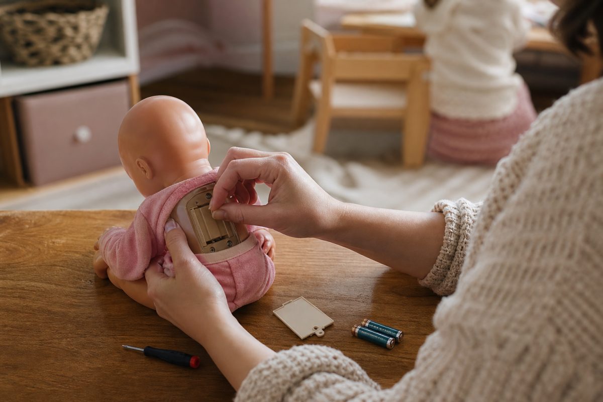Szülő ellenőrzi egy interaktív baba elemtartóját