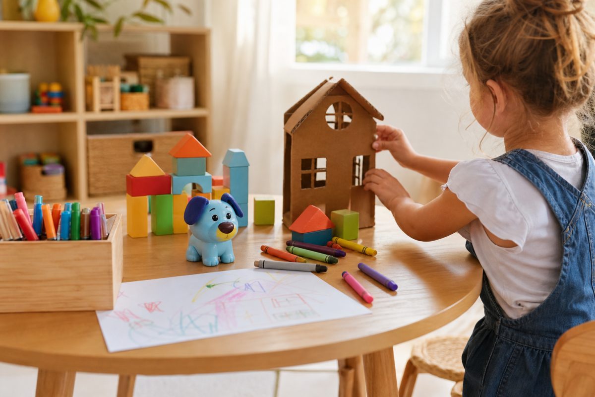 Bluey figura jellegű játék kreatív szerepjátékhoz építőkockákkal