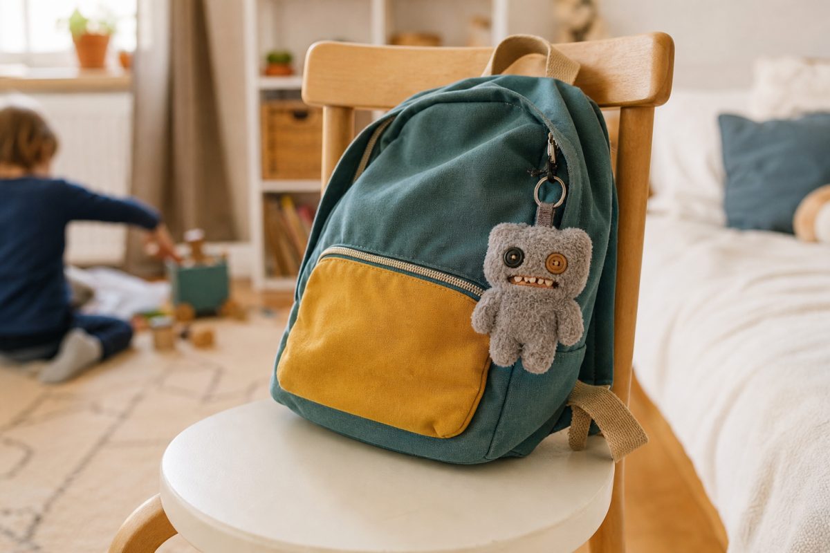 Fuggler kulcstartó jellegű furcsa plüss figura iskolatáskán