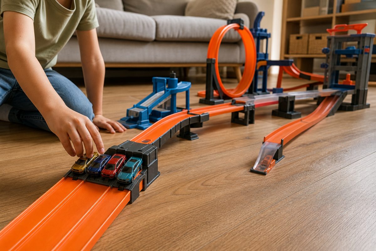 Moduláris hot wheels pálya rámpával és kisautókkal