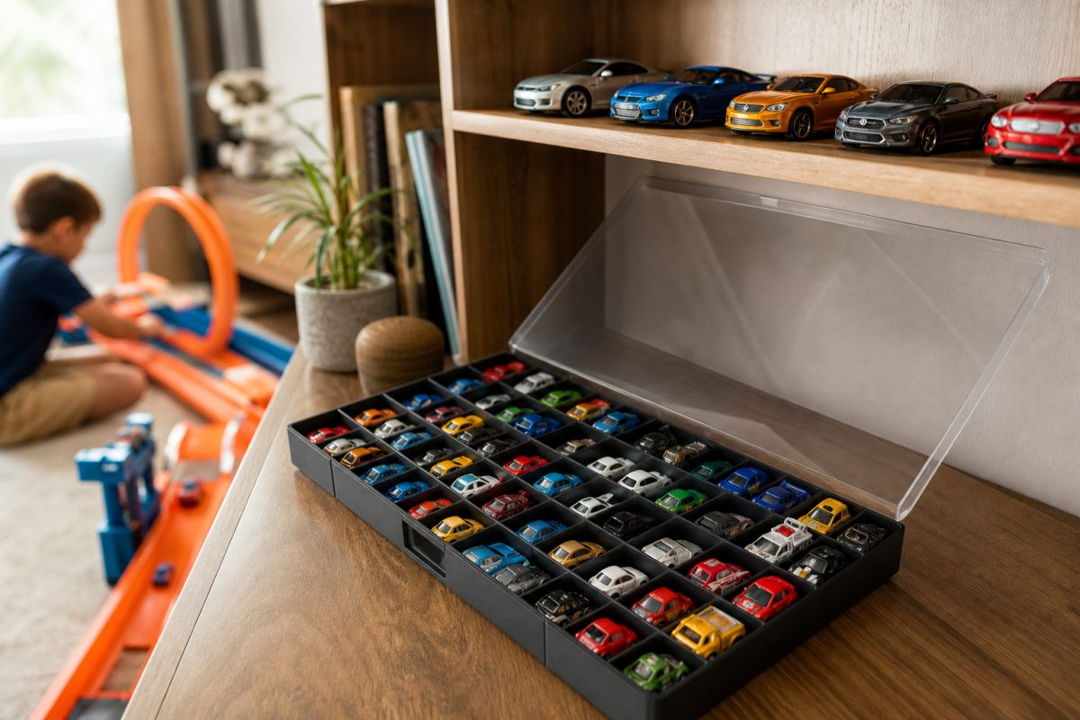 Rendszerezett Hot Wheels gyűjtés rekeszes tárolóban