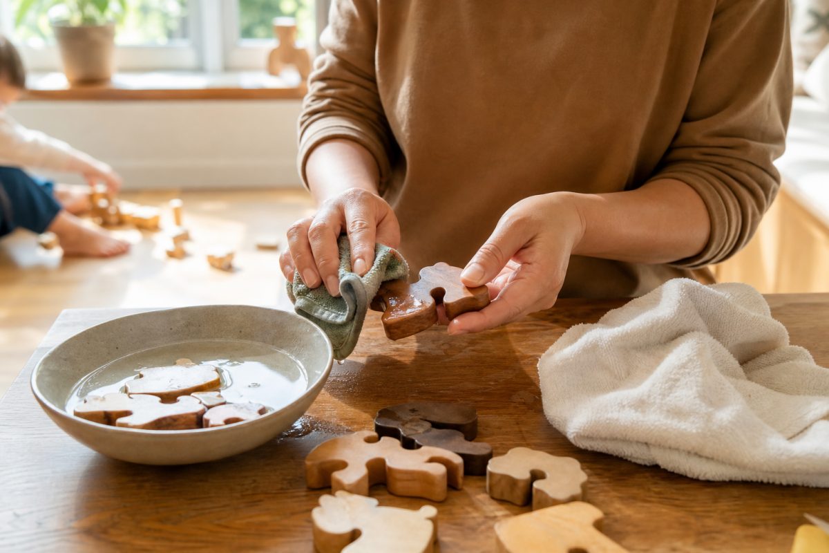 Fajáték tisztítása enyhén nedves kendővel fa puzzle darabokon