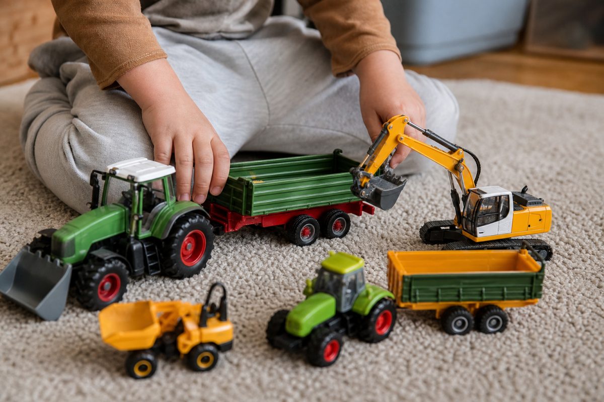 Különböző méretű játék traktor és munkagép összehasonlítva