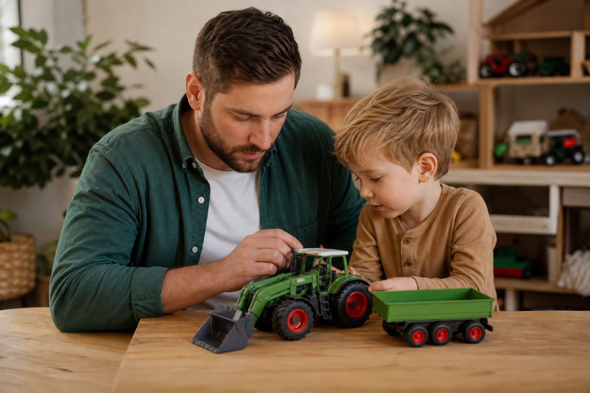 Szülő és gyerek játék traktor mozgatható részeit ellenőrzi