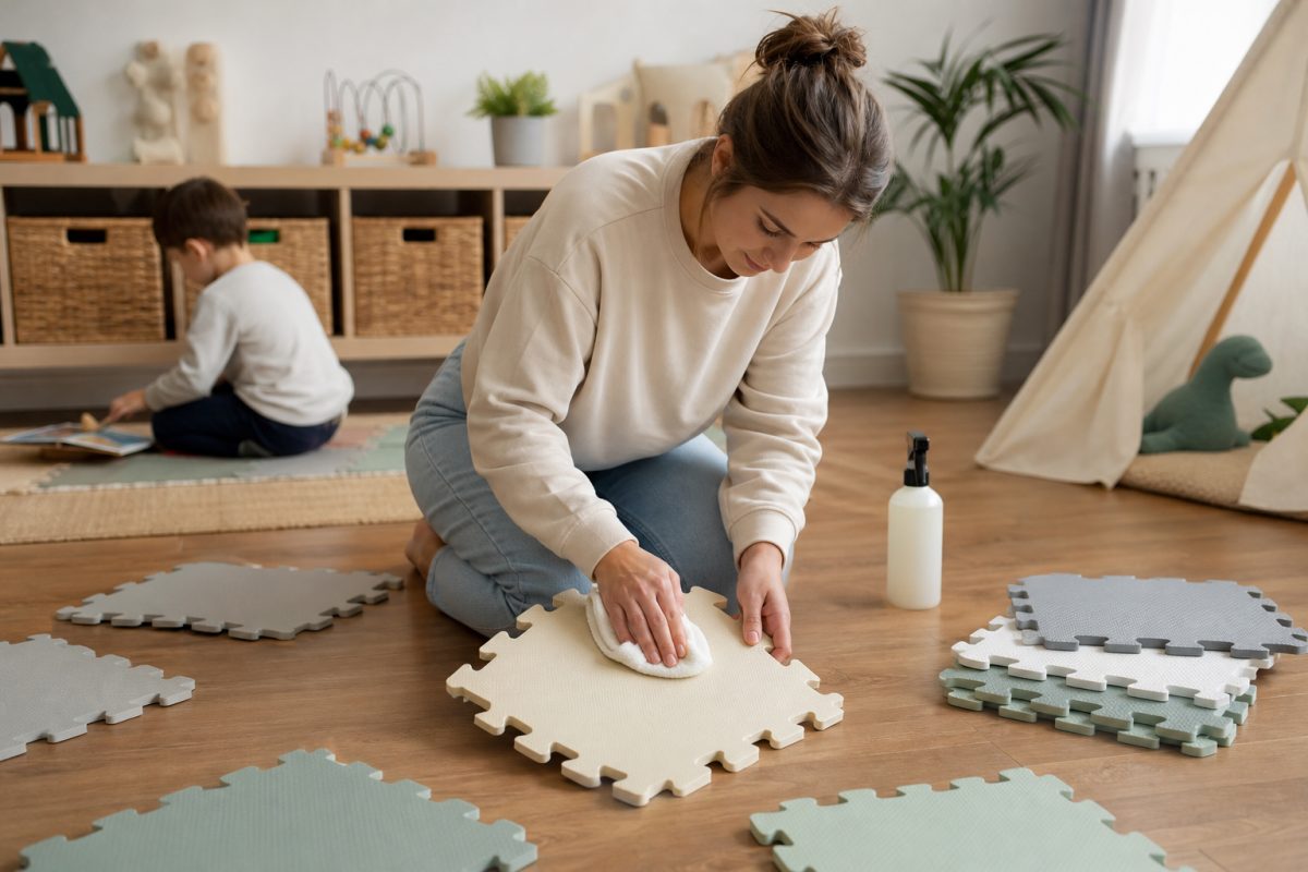 Szivacs puzzle szőnyeg elemeinek tisztítása otthoni játszósarokban