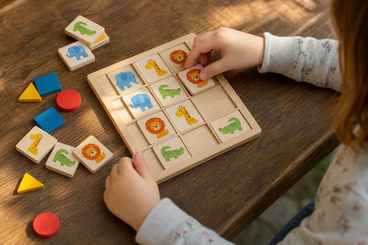 Gyerek állatos sudoku elemeket rendez logikai játék közben