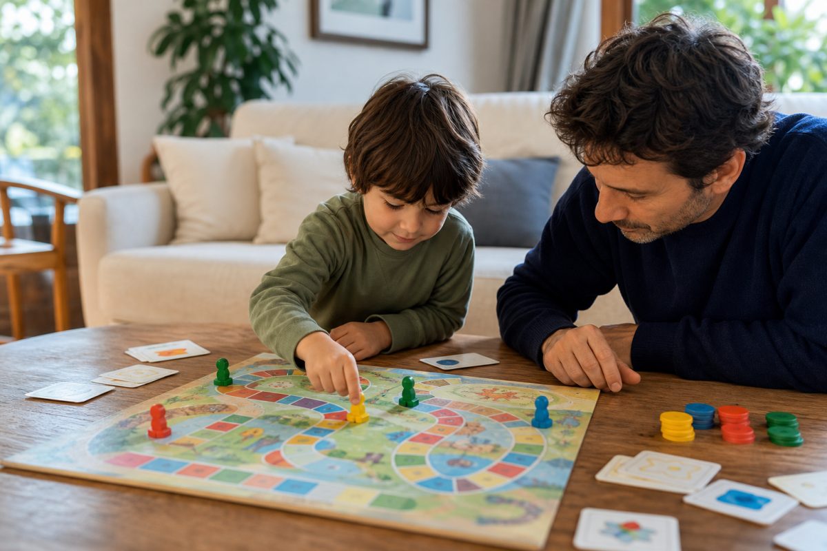 Gyerek Monopoly Junior jellegű társast játszik szülői segítséggel