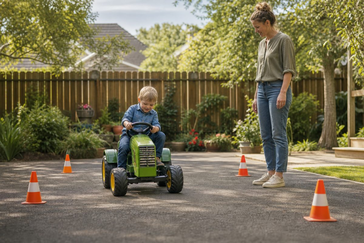 Felnőtt felügyeli a pedálos traktor használatát a kertben