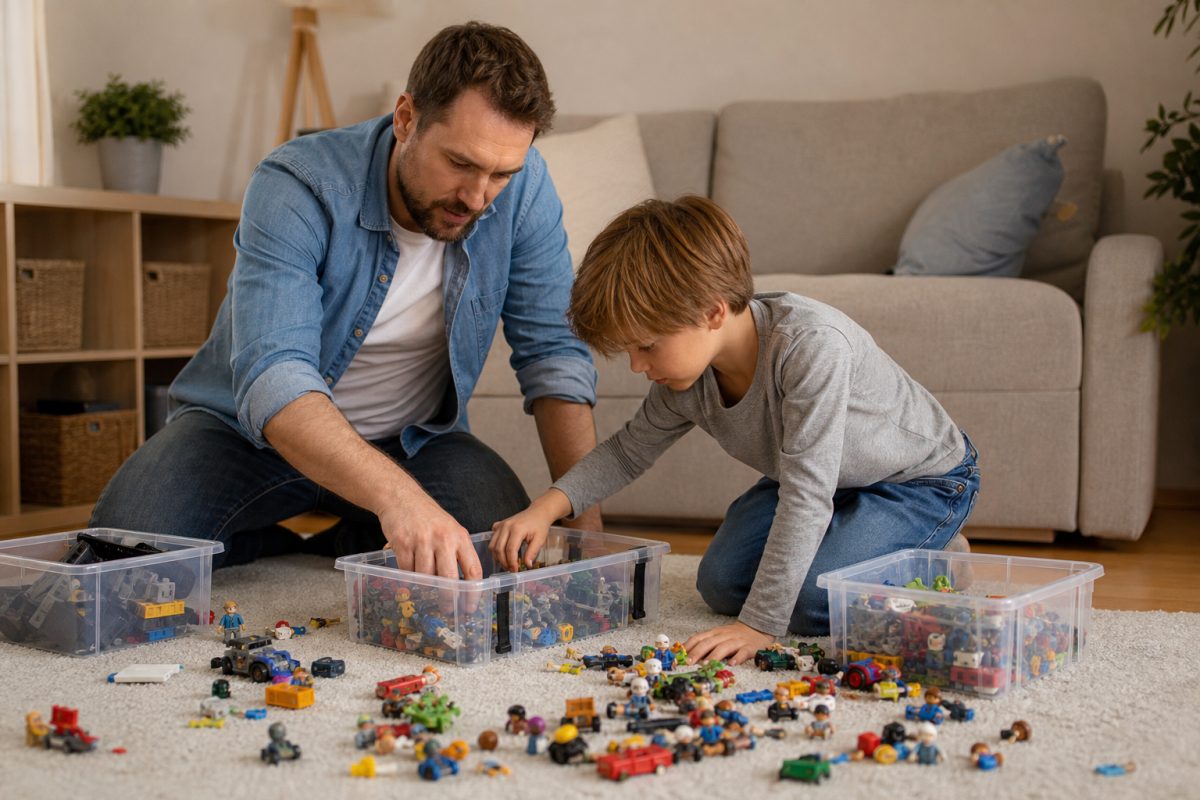 Playmobil elemek rendszerezése átlátszó tárolódobozokba