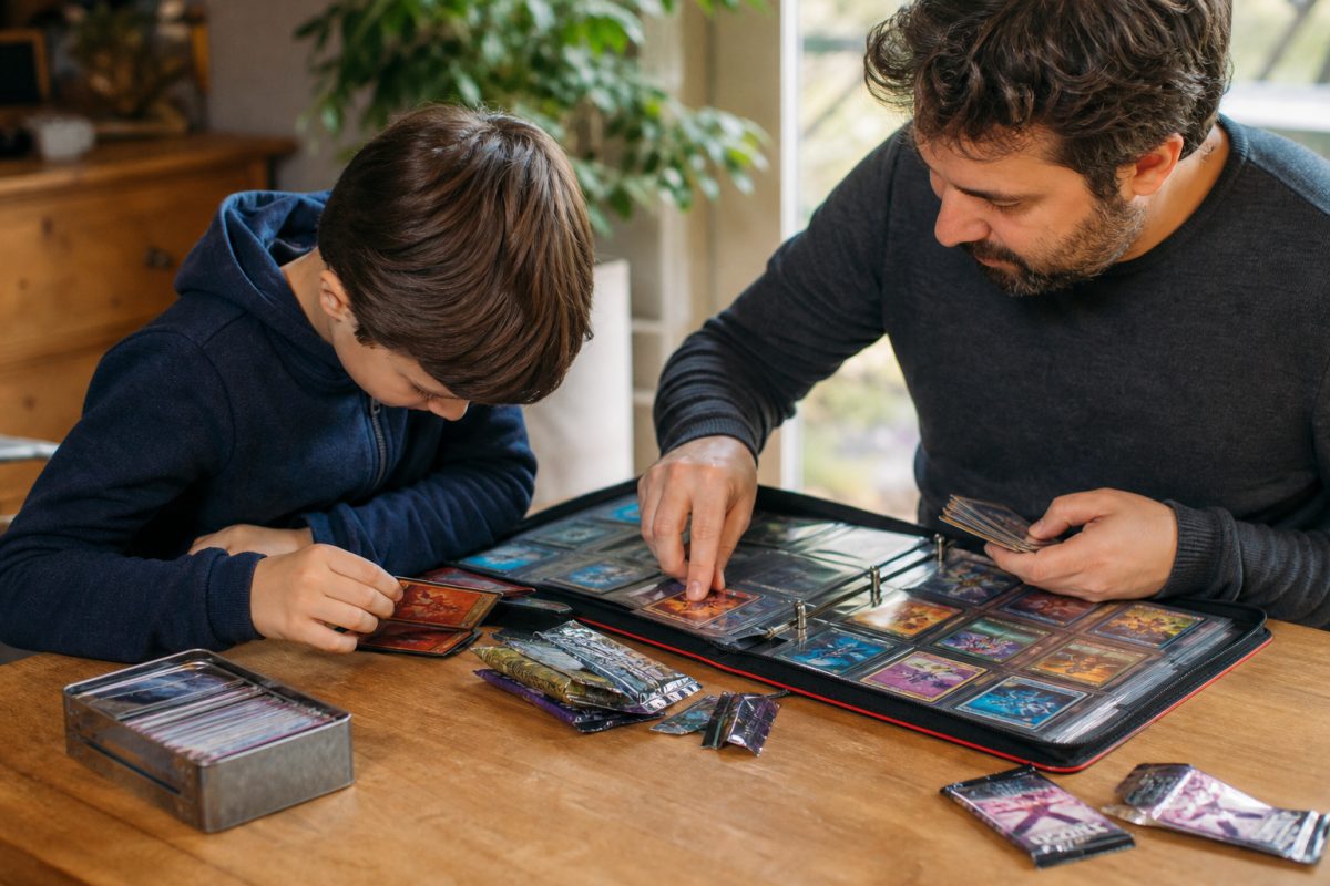 Gyerek és szülő gyűjtőkártyákat rendez albumba egy asztalnál