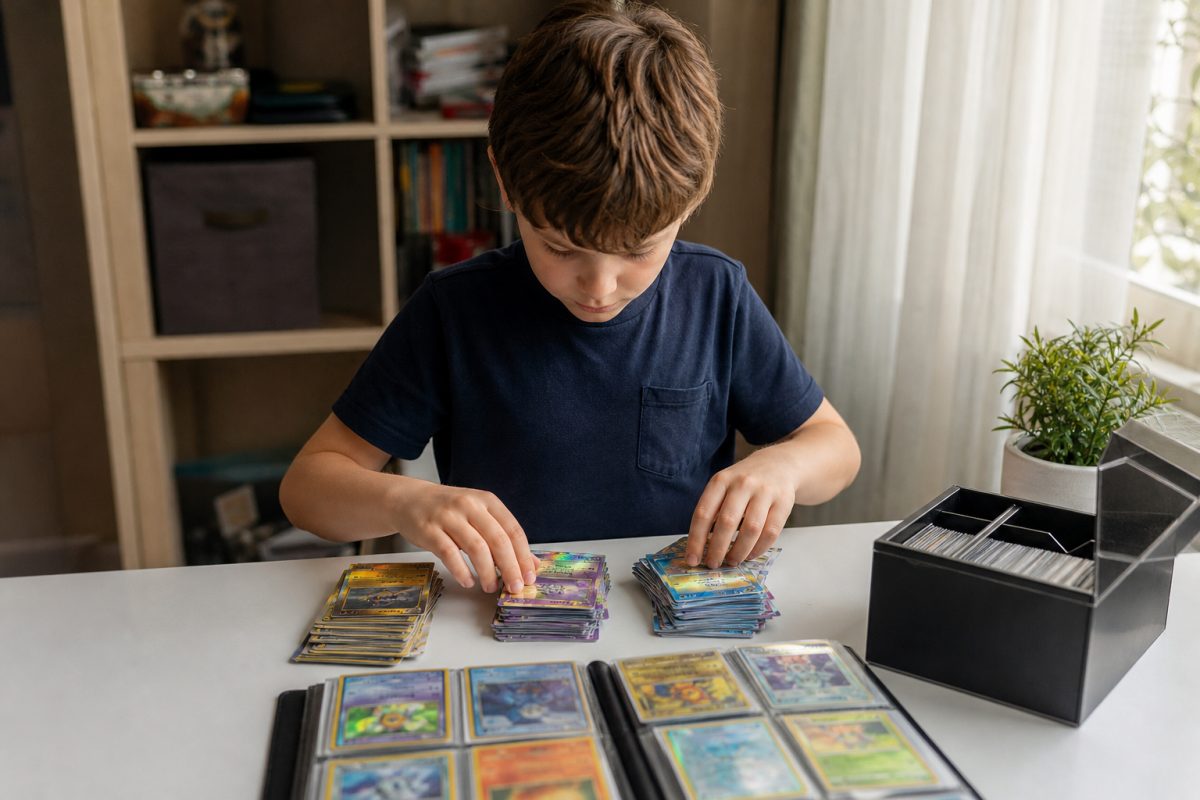 Gyerek Pokémon kártyákat válogat kedvencek, csere és játék szerint