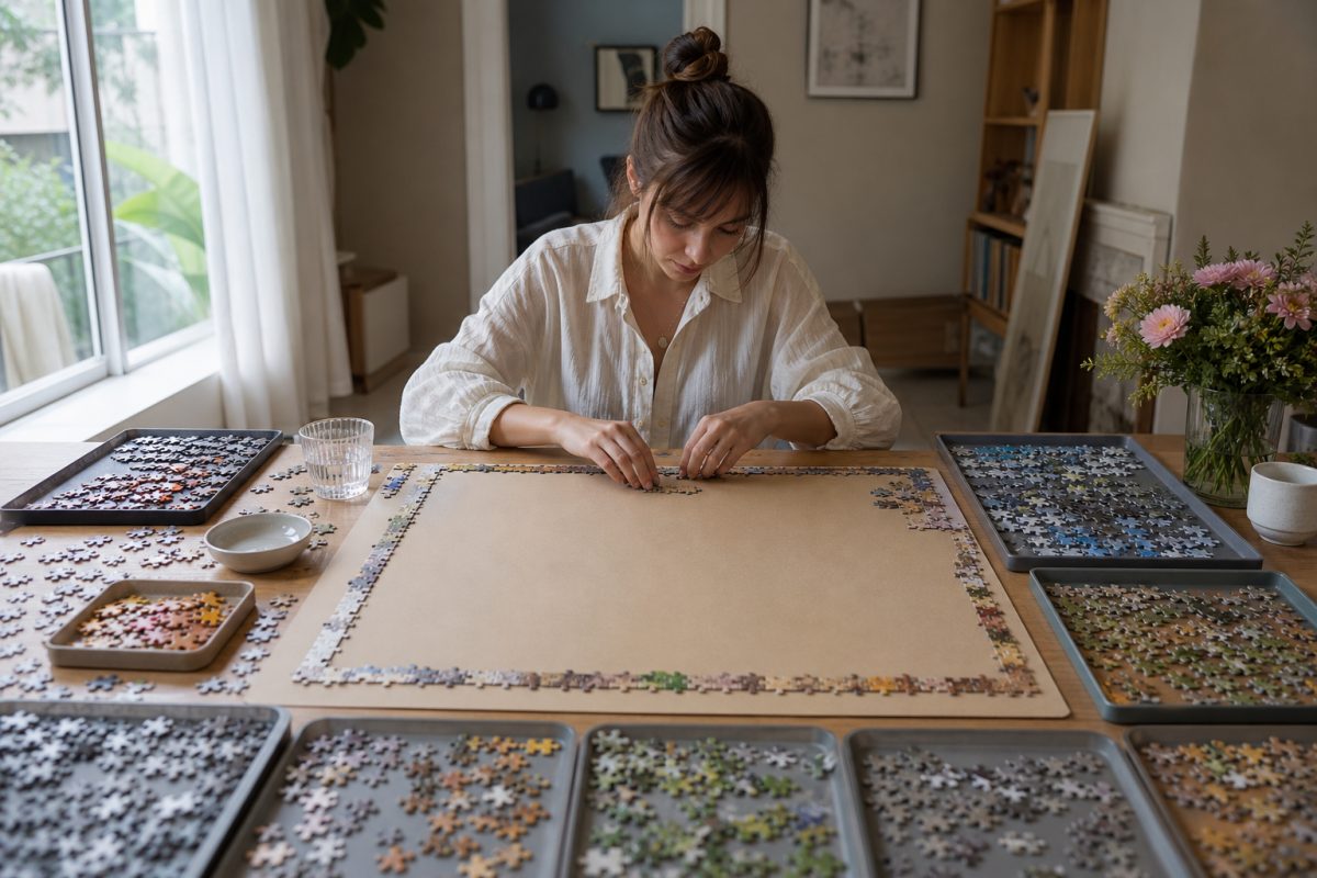Nagy puzzle előkészítése színek szerint válogatott darabokkal