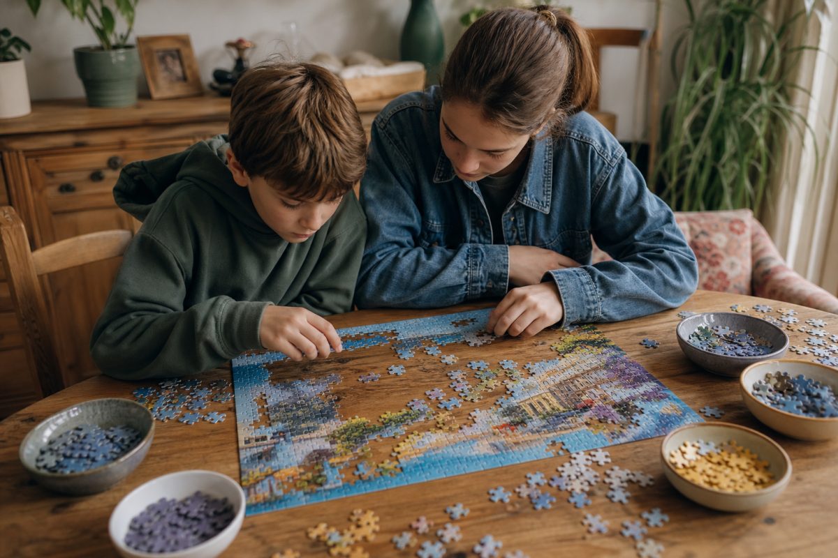 Nagyobb gyerekek sok darabos puzzle kirakásán dolgoznak