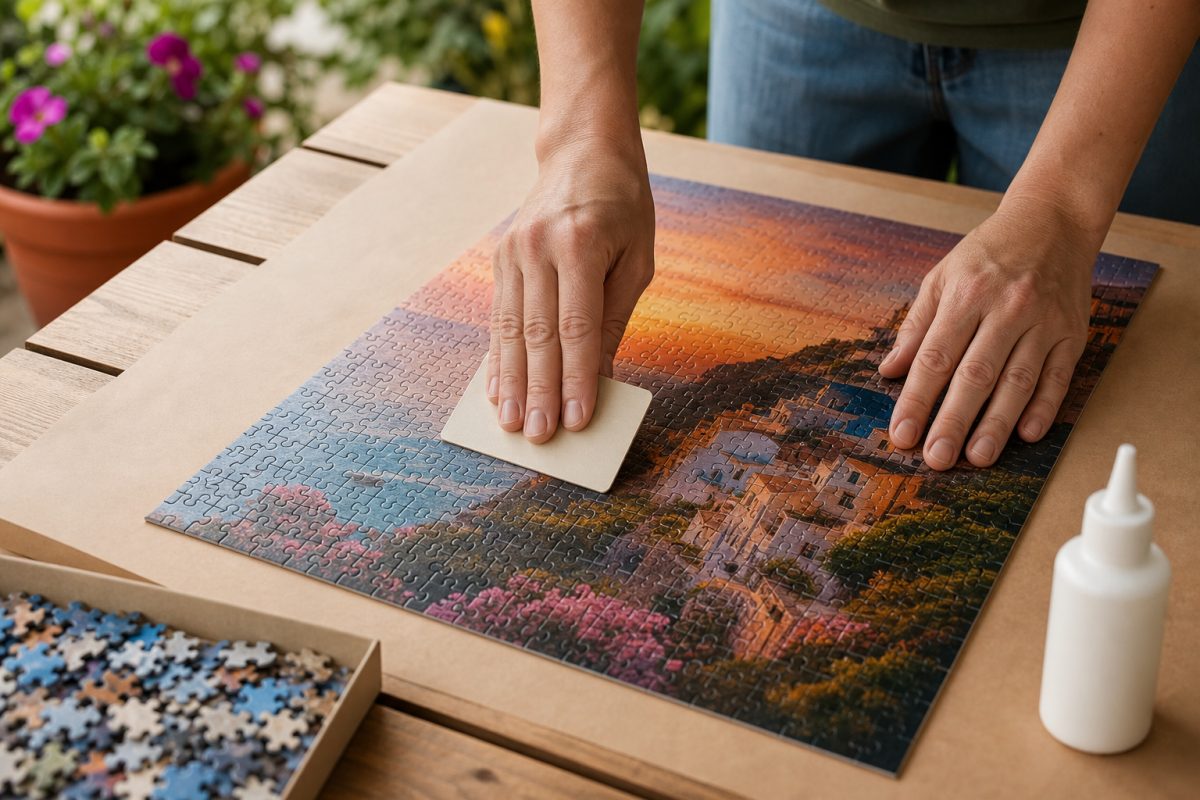 Puzzle ragasztó előkészítése kirakott kép mellett