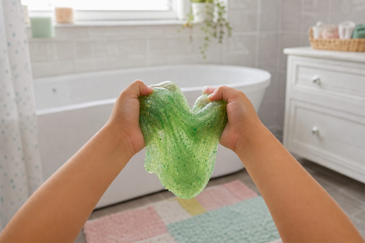 Glibbi slime jellegű fürdős játék kádban, csúszásra figyelve
