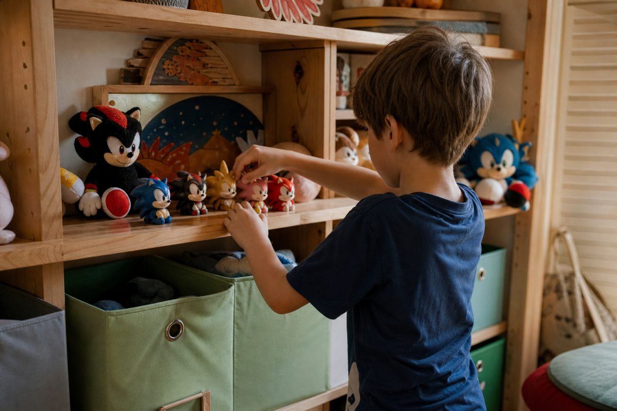 Gyerek Sonic játék jellegű figurákat és plüssöket rendez egy polcon