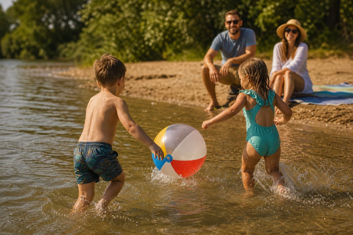 Gyerekek strandlabdával játszanak sekély vízben